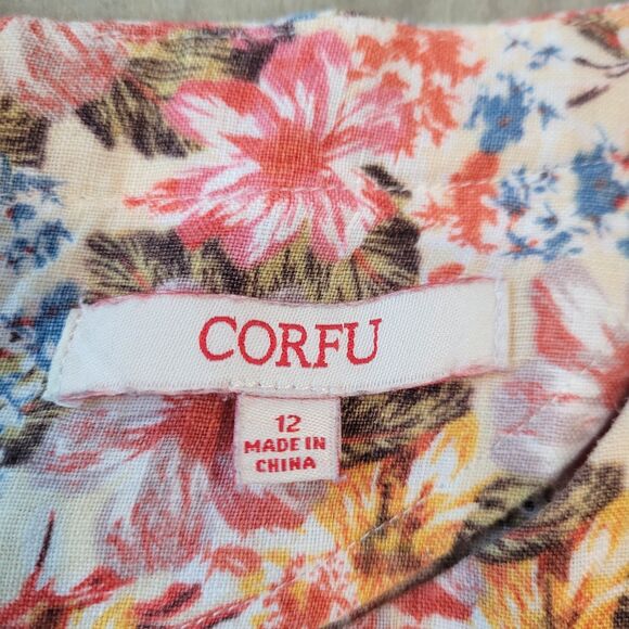 CORFU 100% Linen Boho Floral Top Sz 12 Ruffle Bell Sleeve Colorful Beachy Fairy - Picture 3 of 8
